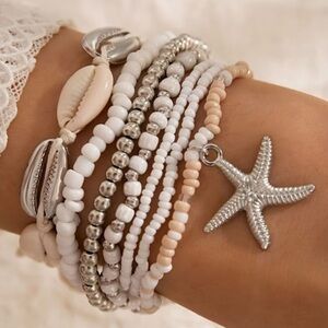 Silver and White Starfish Charm Bracelet Set
